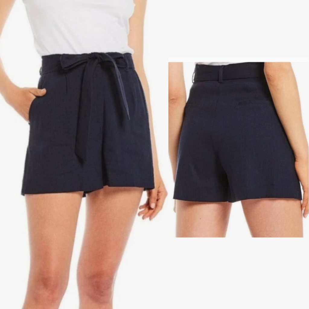 Nwt Antonio Melani Amee Linen Blend High Rise Side Pockets Belted Short Navy